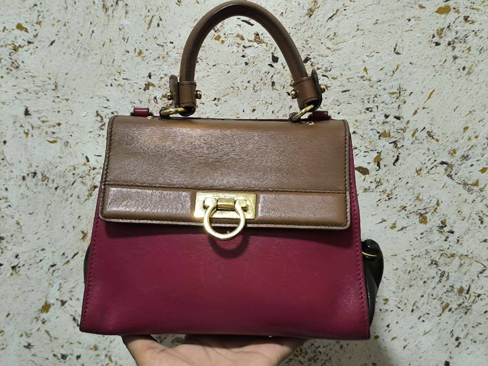 Salvatore Ferragamo Sofia Gancini Two-Tone Leather Top Handle Satchel