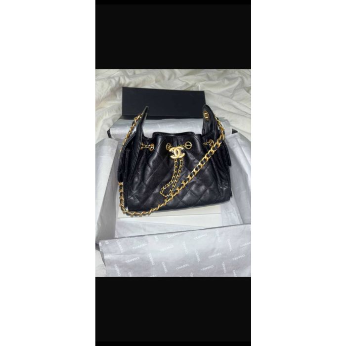 Chanel 22S Mini Drawstring Bucket Bag Black Grained Calfskin Gold Hardware Microchip