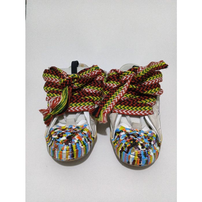 Lanvin Curb Sneakers Off-White Cream Custom Paint Splatter Multi-Color Laces Men's EU 44