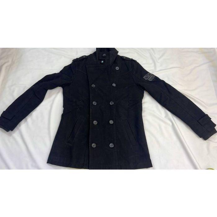Men's Black Double-Breasted Peacoat with Ribbed Collar