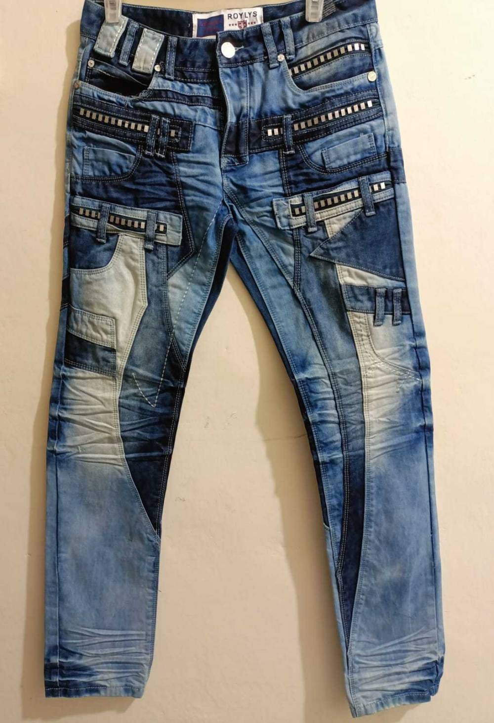Men's Patchwork Studded Distressed Jeans