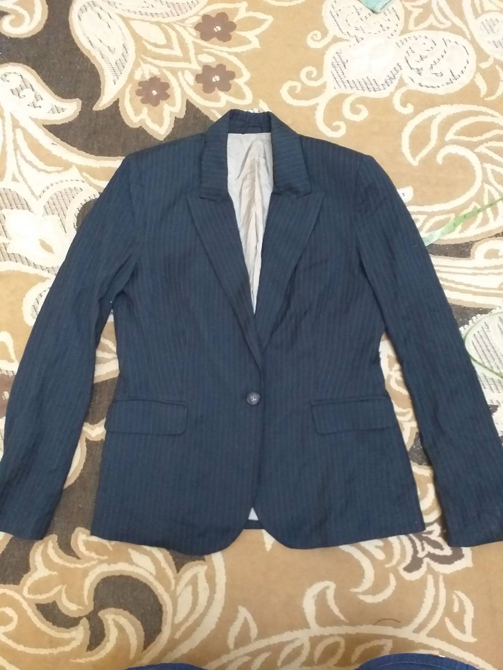 Mango Women's Navy Pinstripe One-Button Suit Blazer