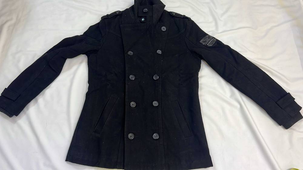 Men's Black Double-Breasted Peacoat with Ribbed Collar